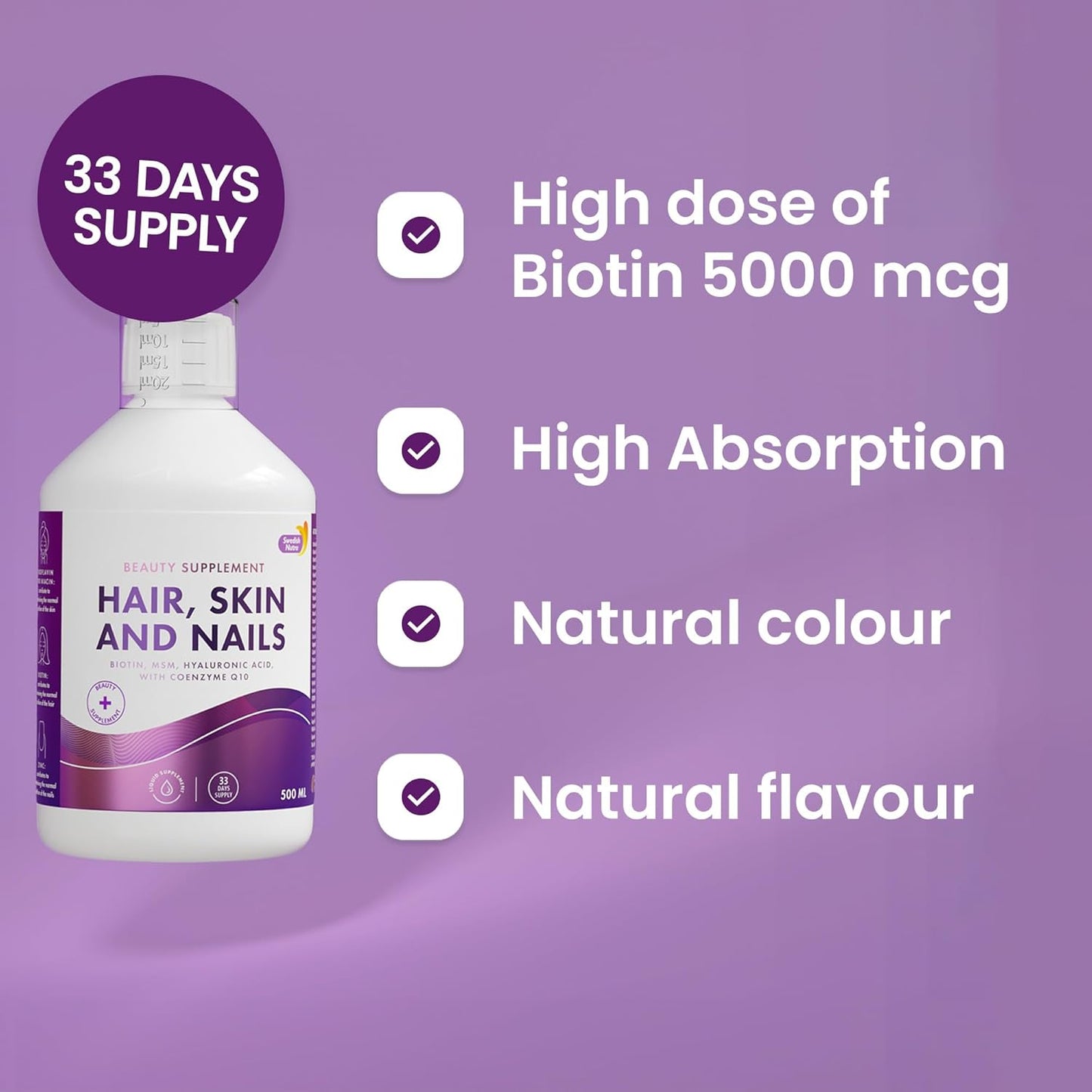 Swedish Nutra Hair, Skin & Nails Voor de gezondheid en schoonheid van haar, huid, teint en nagels. Unieke formule met 26 actieve ingrediënten: Gehydrolyseerd vloeibaar collageen.