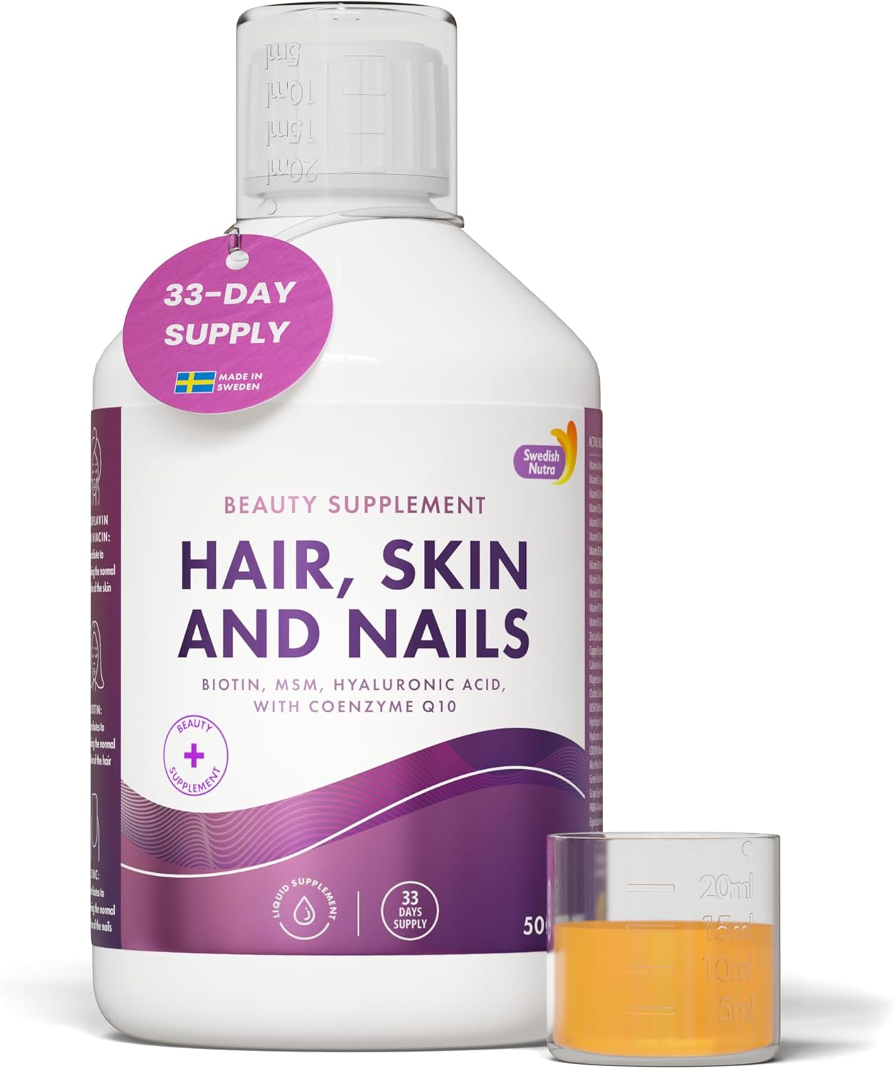 Swedish Nutra Hair, Skin & Nails Voor de gezondheid en schoonheid van haar, huid, teint en nagels. Unieke formule met 26 actieve ingrediënten: Gehydrolyseerd vloeibaar collageen.