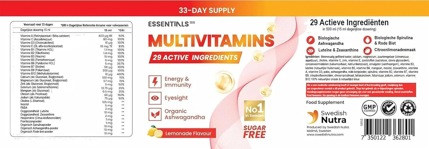 Swedish Nutra Essentials Vloeibare Multivitamine 500ML – 29 Actieve Ingrediënten – Energie, Immuniteit, Ooggezondheid & Vitaliteit – Vegan, Natuurlijke Formule, Snel Opneembaar – Dagelijkse 15 ml