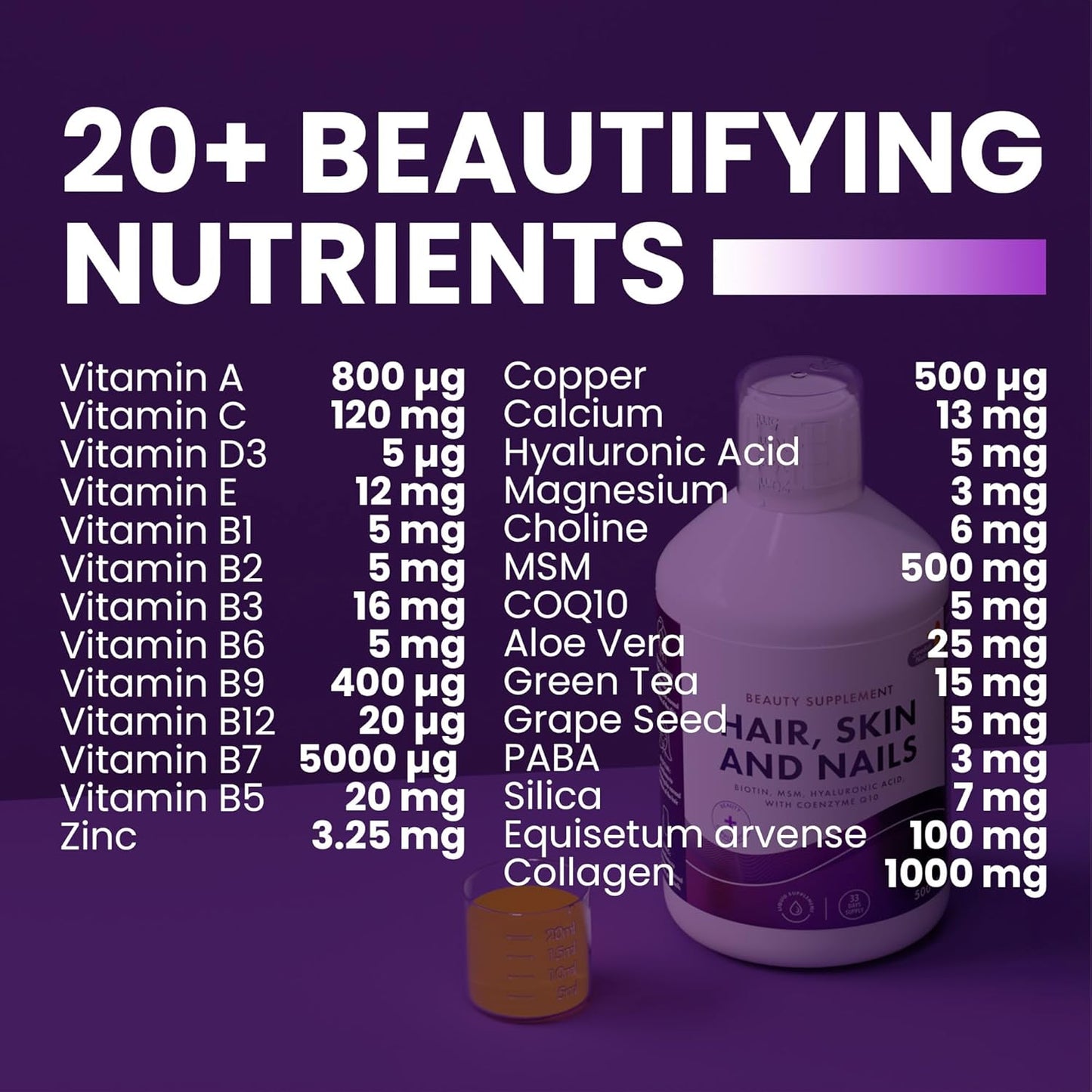 Swedish Nutra Hair, Skin & Nails Voor de gezondheid en schoonheid van haar, huid, teint en nagels. Unieke formule met 26 actieve ingrediënten: Gehydrolyseerd vloeibaar collageen.