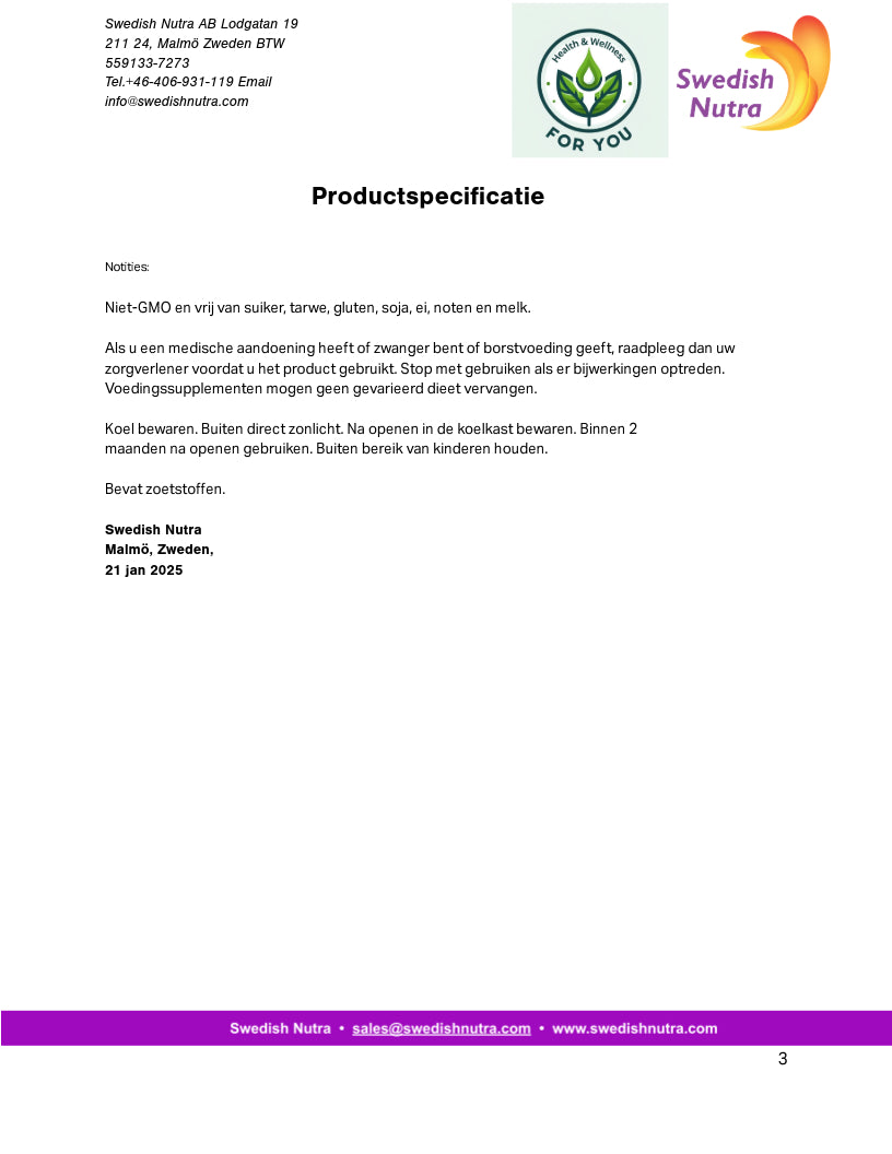 Swedish Nutra’s Collagen Bovine 5000 Suikervrij. Is een vloeibaar supplement met een natuurlijke bessensmaak.