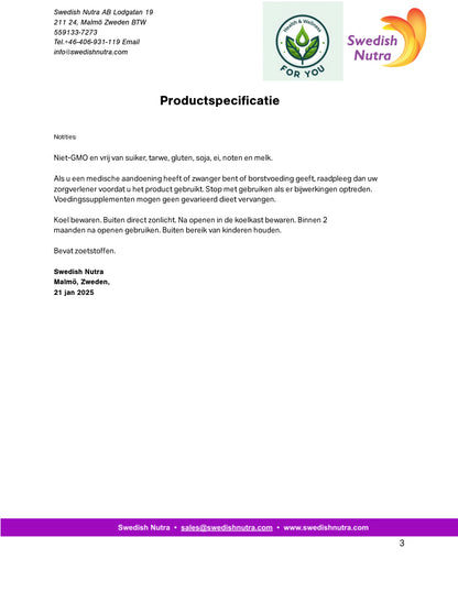 Swedish Nutra’s Collagen Bovine 5000 Suikervrij. Is een vloeibaar supplement met een natuurlijke bessensmaak.