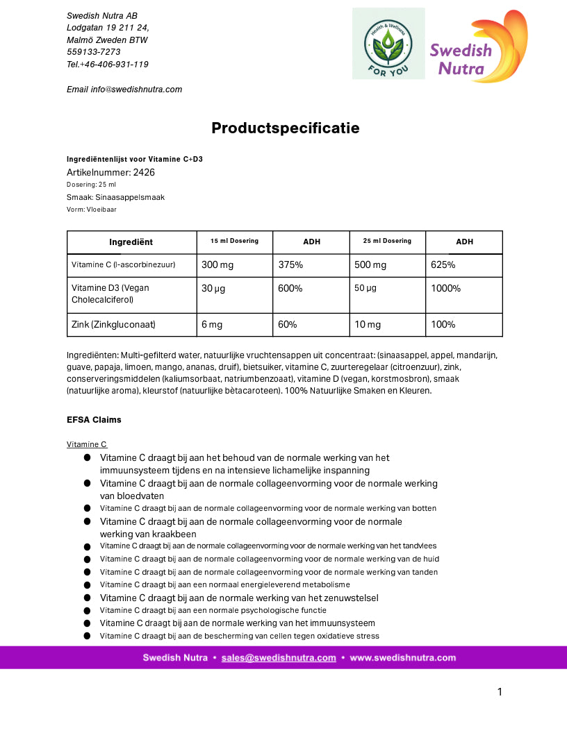 Swedish Nutra Vitamin C + D3 en Zinc - Vloeibaar Veganistisch - Boost jouw immuunsysteem - Voedingssupplement als drank