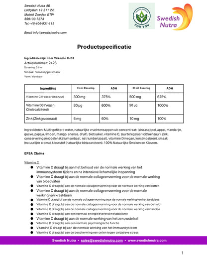 Swedish Nutra Vitamin C + D3 en Zinc - Vloeibaar Veganistisch - Boost jouw immuunsysteem - Voedingssupplement als drank