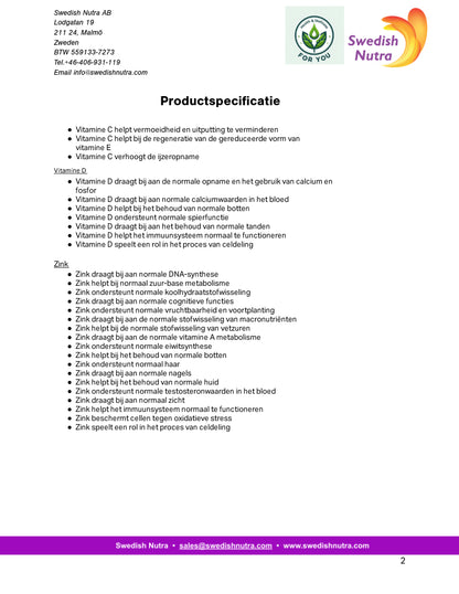 Swedish Nutra Vitamin C + D3 en Zinc - Vloeibaar Veganistisch - Boost jouw immuunsysteem - Voedingssupplement als drank