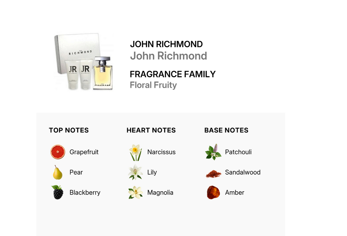 Set John Richmond: John Richmond, Natural, Hydrating, Body Lotion, 50 ml + Black Metal, Natural, Cleansing, Shower Gel, 50 ml + John Richmond, Eau De Parfum, For Women, 100 ml