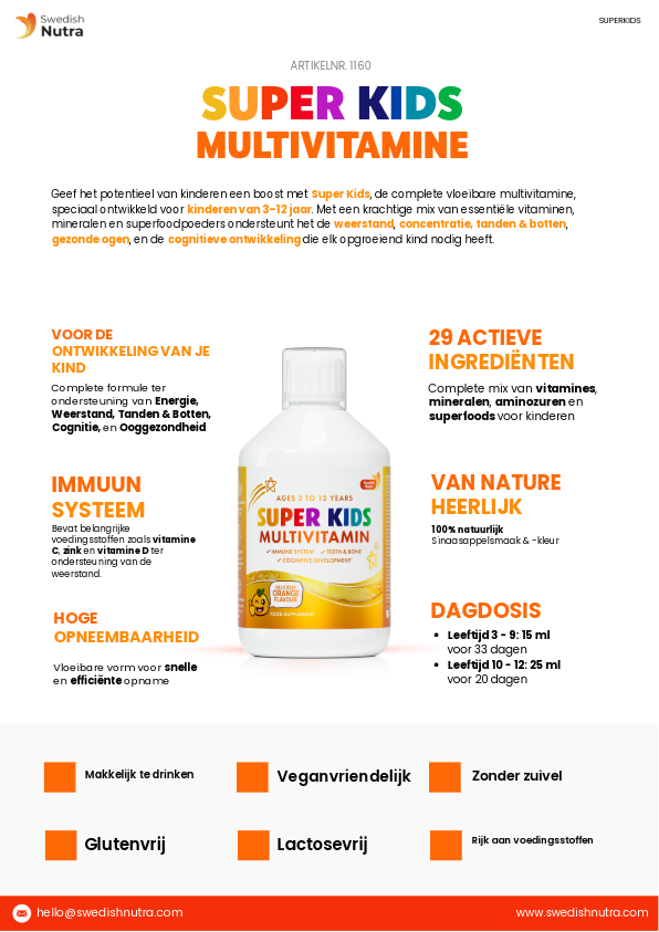 Swedish Nutra Super Kids Multivitamin voor kinderen zonder gluten of lactose-Energiebooster voor kinderen
