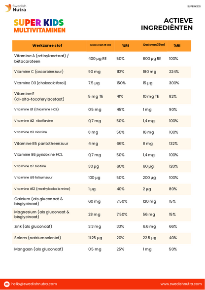 Swedish Nutra Super Kids Multivitamin voor kinderen zonder gluten of lactose-Energiebooster voor kinderen
