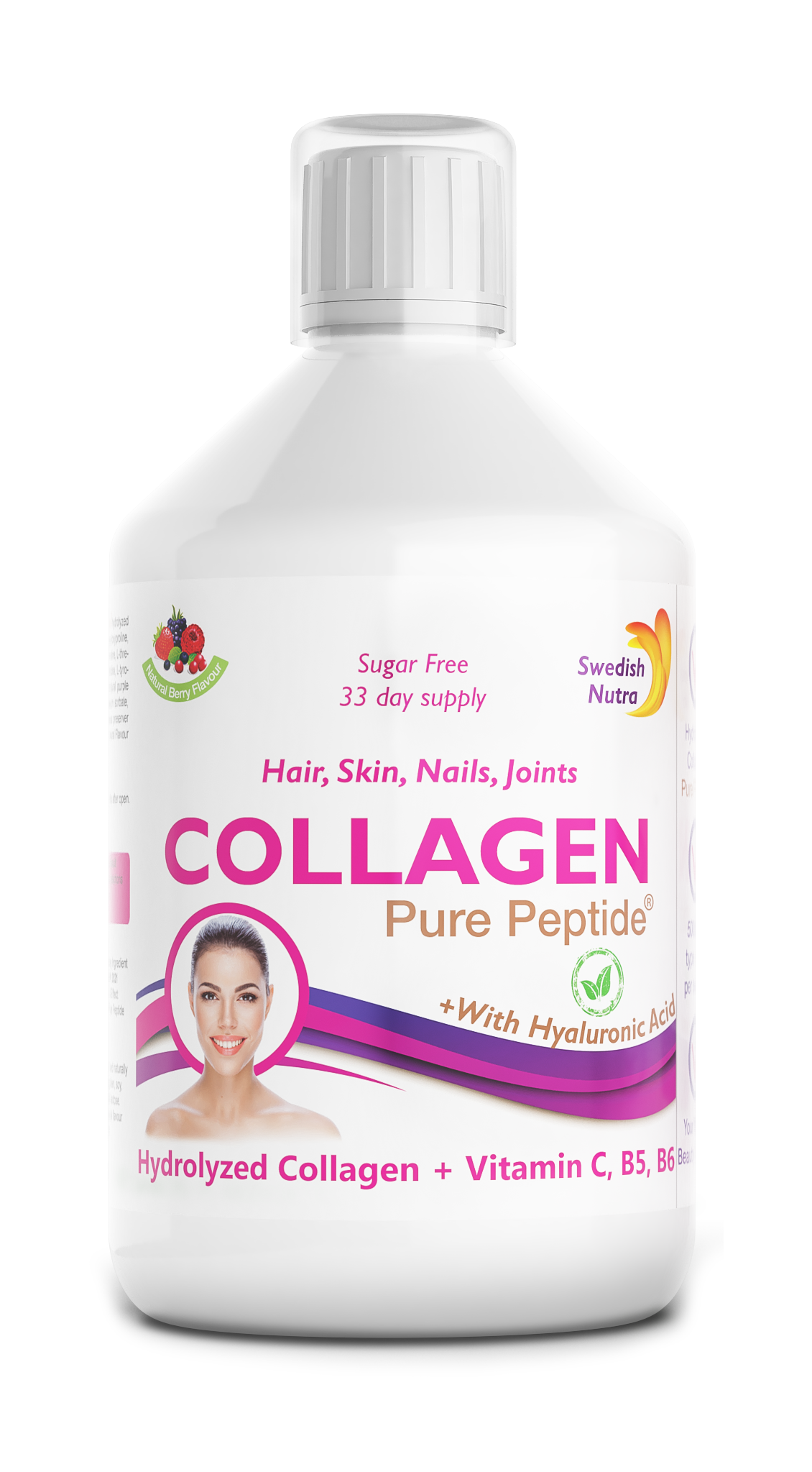 Swedish Nutra’s Collagen Bovine 5000 Suikervrij. Is een vloeibaar supplement met een natuurlijke bessensmaak.