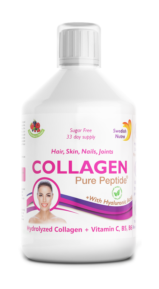 Swedish Nutra’s Collagen Bovine 5000 Suikervrij. Is een vloeibaar supplement met een natuurlijke bessensmaak.