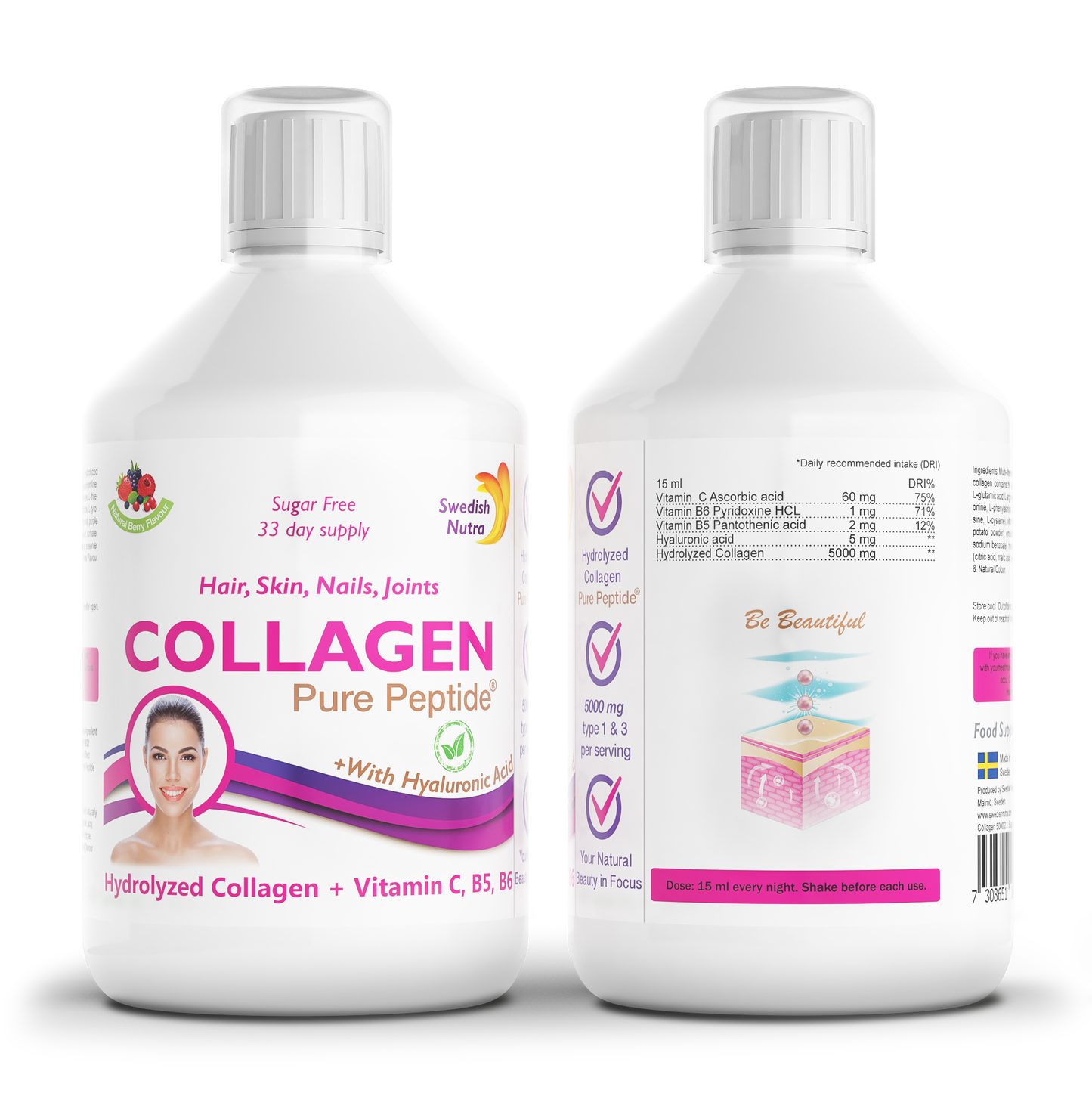 Swedish Nutra’s Collagen Bovine 5000 Suikervrij. Is een vloeibaar supplement met een natuurlijke bessensmaak.
