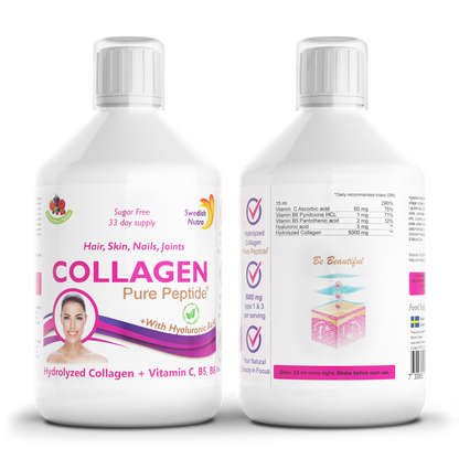 Swedish Nutra’s Collagen Bovine 5000 Suikervrij. Is een vloeibaar supplement met een natuurlijke bessensmaak.