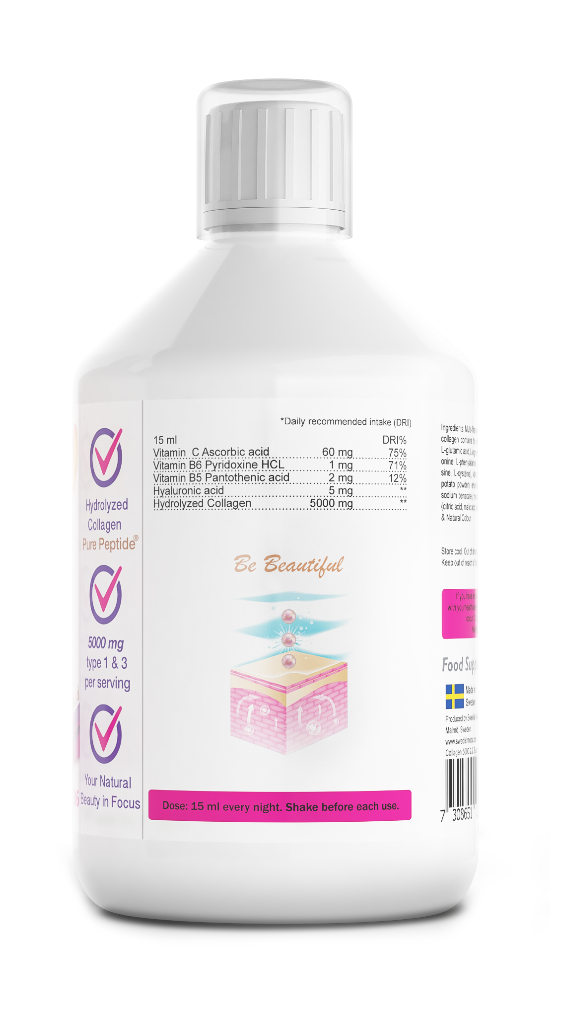 Swedish Nutra’s Collagen Bovine 5000 Suikervrij. Is een vloeibaar supplement met een natuurlijke bessensmaak.