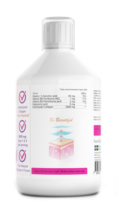 Swedish Nutra’s Collagen Bovine 5000 Suikervrij. Is een vloeibaar supplement met een natuurlijke bessensmaak.