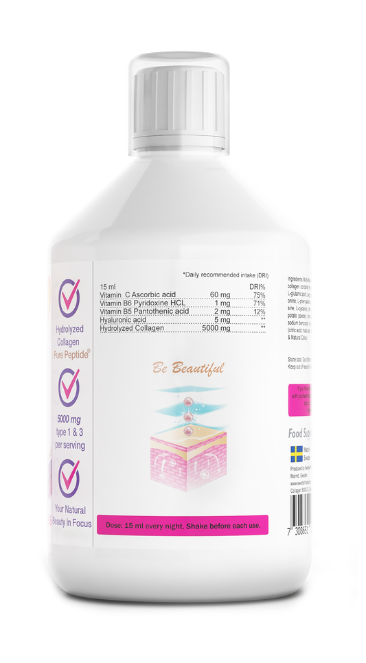 Swedish Nutra’s Collagen Bovine 5000 Suikervrij. Is een vloeibaar supplement met een natuurlijke bessensmaak.