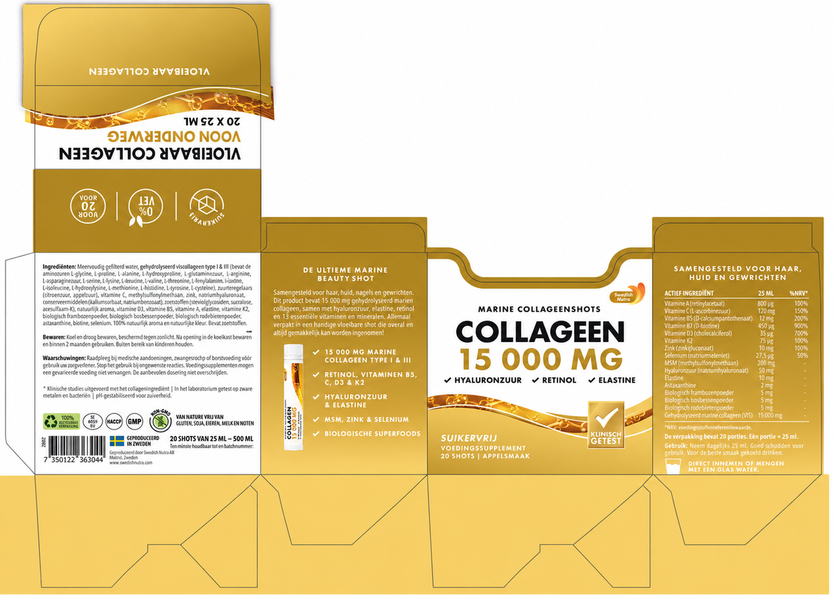 Swedish Nutra Marine Kollagen 15.000 mg – 20 Shots mit Apfelgeschmack