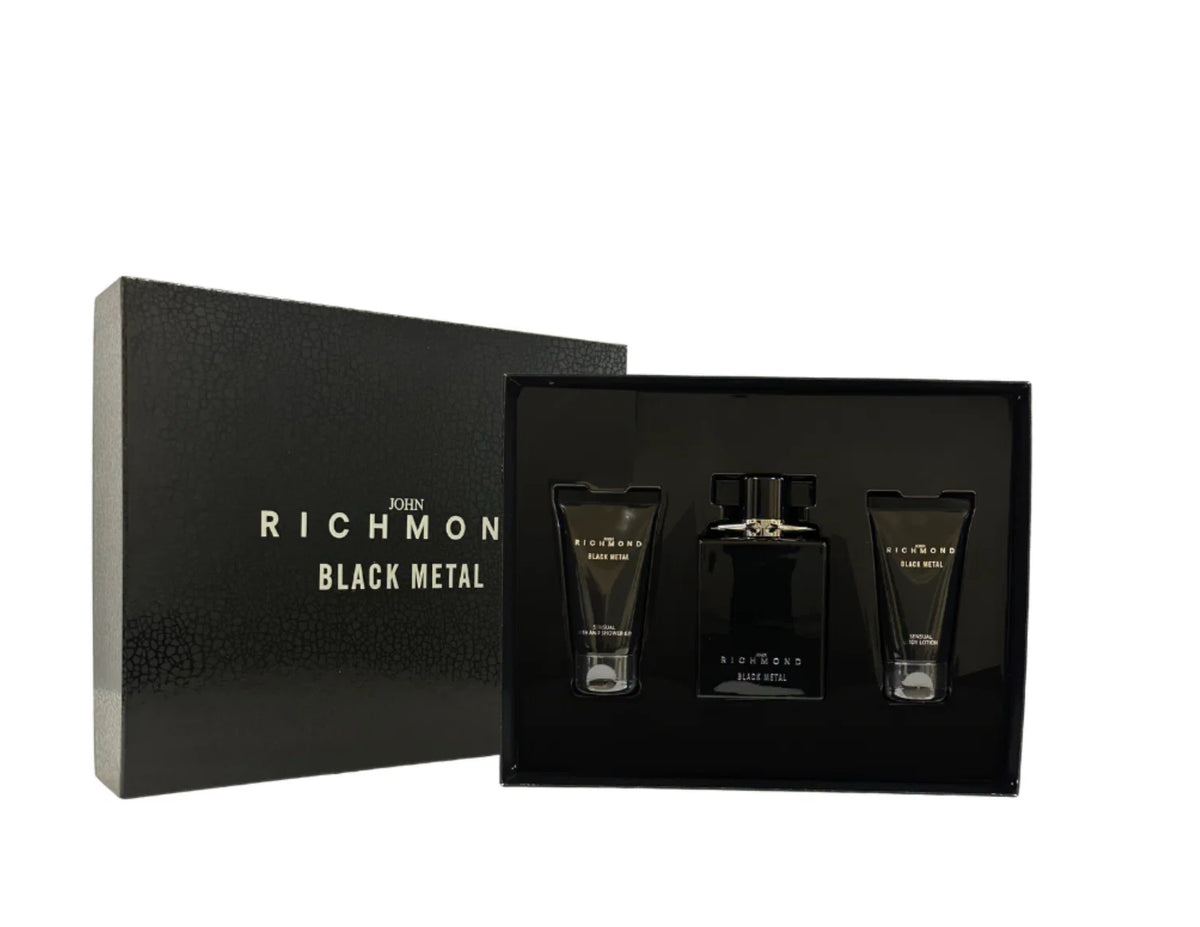 Set John Richmond: Black Metal, Natural, Cleansing, Shower Gel, 50 ml + Black Metal, Body Lotion, 50 ml + Black Metal, Eau De Parfum, For Men, 100 ml