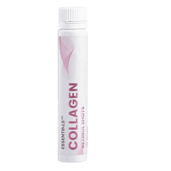 Een witte cilindrische tube met de naam Essentials Pro Collagen Retinol Shots met roze accenten en een witte dop, rechtopstaand op een effen witte achtergrond.
