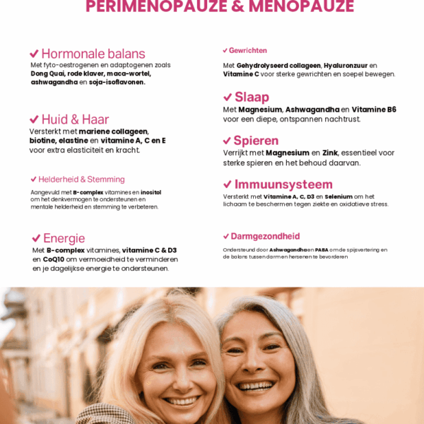 Twee lachende vrouwen met lang haar poseren dicht op elkaar in de buitenlucht. Nederlandse tekst overlapt de afbeelding en benadrukt het Zweedse Nutra Collagen Menoplus+, een supplementformule die is ontwikkeld om de gezondheid van vrouwen tijdens de perimenopauze en menopauze te ondersteunen.