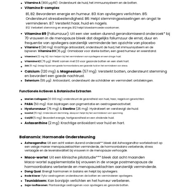 Een Nederlands informatieblad voor het Zweedse Nutra Collagen Menoplus+ vermeldt de actieve ingrediënten en voordelen, met behulp van kopjes, opsommingstekens, vetgedrukte vitamines en een oranje gemarkeerd gedeelte voor vitamine B9 (foliumzuur).